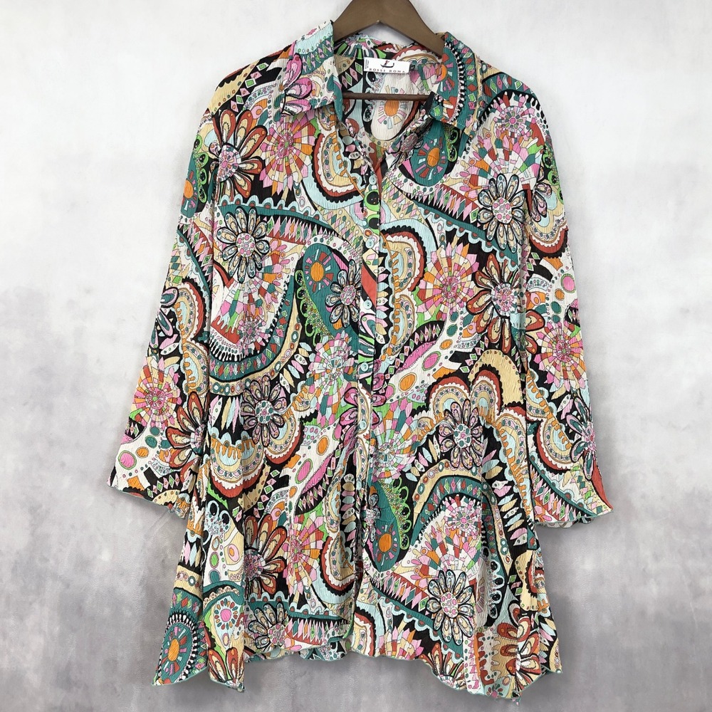 Rossi Roma Womens Tunic Top Size XL Boho Psychedelic Floral‎ Abstract Statement